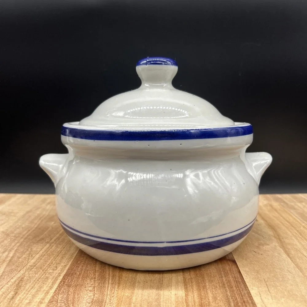 Stoneware Crock With Lid And Handles Blue And Gray Made In Taiwan 2 Quart EUC